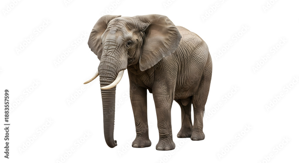 Obraz premium A large gray elephant with tusks standing against a black background