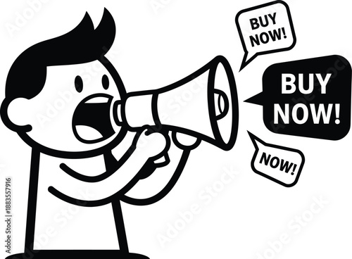 Cartoon character shouts promotional message through a megaphone with speech bubbles saying buy now emphatically.