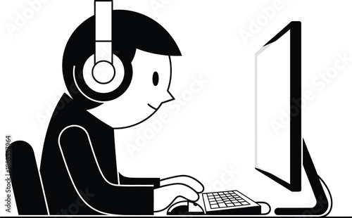 Focused operator wearing large headphones types on a keyboard while working intently on a desktop computer monitor.