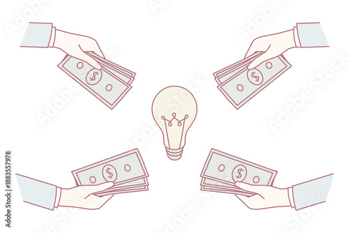 Investing money in good idea concept. Hands of investors business people giving money putting cash dollars to great business idea for development vector illustration