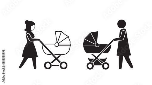 Vector illustration of woman and man pushing baby strollers outdoors