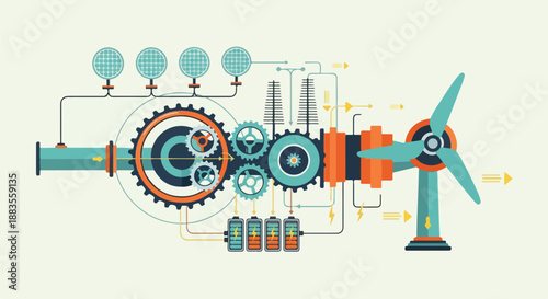 Complex industrial energy generation system with gears, wind turbine, and batteries, illustrating power, efficiency, and technological innovation.