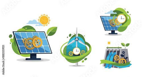Renewable energy concept illustrations with solar panels, wind turbines, and hydropower dams, featuring gears for efficiency and sustainable technology.