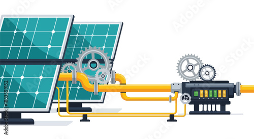 Renewable solar energy generation system with interconnected panels, pipes, and gears, symbolizing clean power technology and sustainable electricity output.