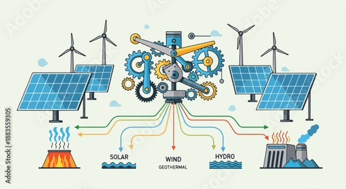 Sustainable Renewable Energy Sources System with Solar Panels, Wind Turbines, Hydro and Geothermal Power Generation and Distribution Network