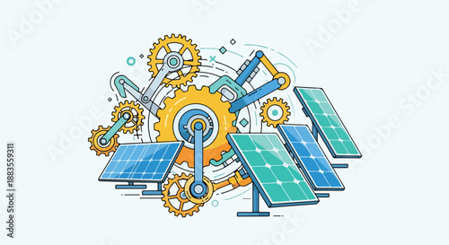 Innovative Solar Energy Technology Concept with Gears and Panels Illustrating Renewable Power Generation and Sustainable Engineering Solutions