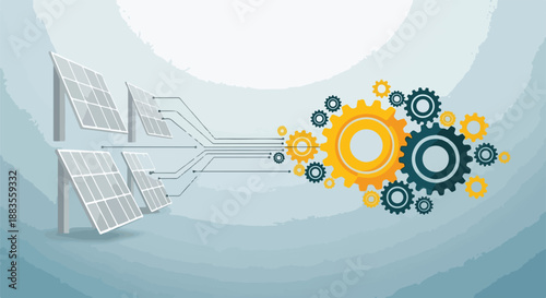 Solar panels connected to gears, symbolizing renewable energy generation and mechanical power transfer