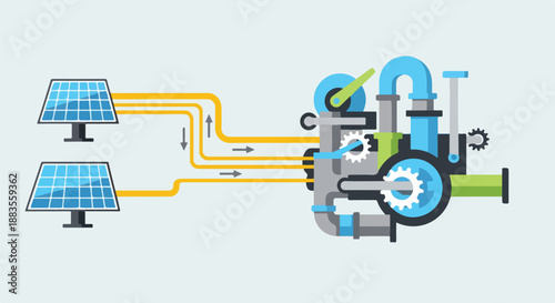 Flat design illustration of solar panels connected to a complex industrial machine for energy conversion on a light blue background