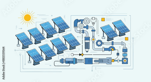 Diagram of a solar power station with panels, pipes, pumps, and gears, illustrating renewable energy generation.