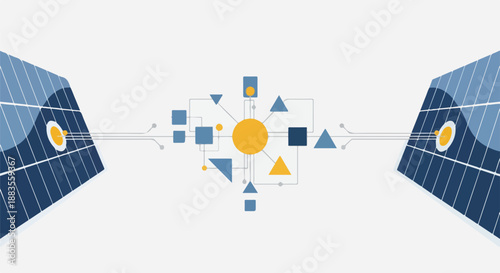 Abstract representation of solar energy network, connecting two solar panels to a central hub with geometric shapes