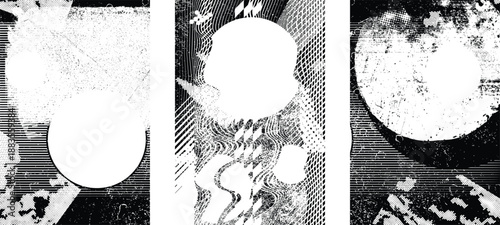 Glitch distorted geometric shape . Noise destroyed logo . Trendy cyber punk poster . Glitched frame .Grunge textured . Distressed effect .Vector shapes with a halftone dots screen print texture.