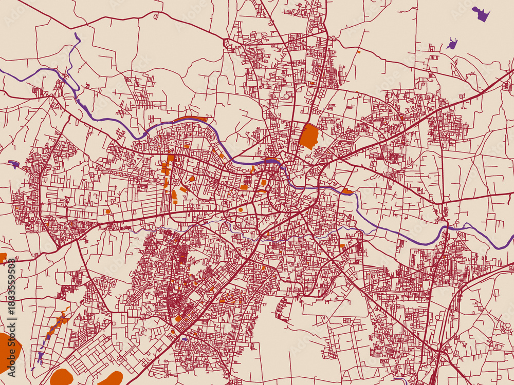 Obraz premium City layout poster — Nashik, India – muted violet water and terracotta