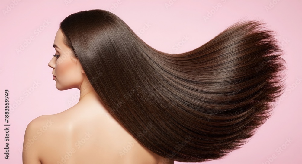 Naklejka premium Stunning long brown hair of a woman, beautifully flowing and incredibly glossy against a vibrant pink backdrop, symbolizing health, beauty, and vitality