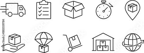 Delivery and logistics line icons including shipping truck, package in hand, checklist, parcel tracking, stopwatch, open box, magnifier, hand truck, shield, and drone. Minimalist black outline icon se