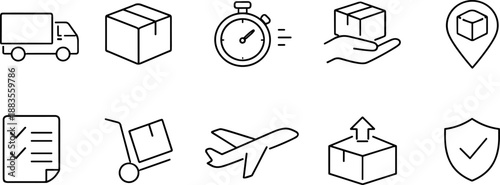 Delivery and logistics line icons including shipping truck, package in hand, checklist, parcel tracking, stopwatch, open box, magnifier, hand truck, shield, and drone. Minimalist black outline icon se