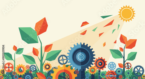 Abstract illustration of growing plants and gears under sunlight, symbolizing growth, innovation, and sustainable development.