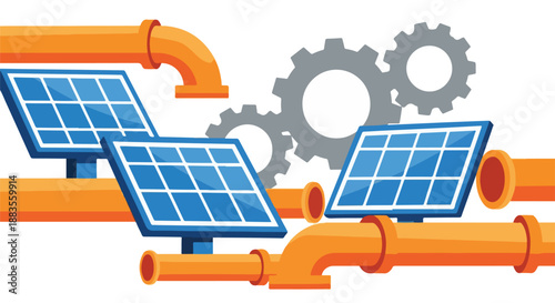 Clean energy concept with solar panels and industrial gears, representing renewable energy and technology integration