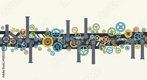 Abstract colorful gears and cogs on a conveyor belt, representing industry, technology, and manufacturing processes.