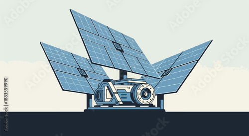 Futuristic solar tracker robot with photovoltaic panels on a flat surface, clean energy concept illustration