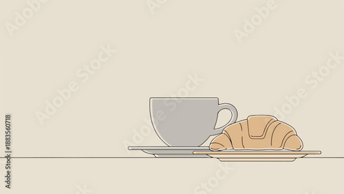 Flat lay of a gray coffee cup and saucer with a croissant on a plate against a beige background.