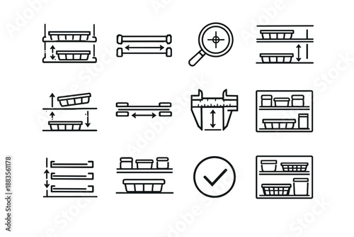 Clearance icon set logic tuning vector adjustment organization shelf spacing fridge focus