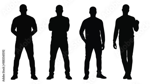a row of four black silhouettes depicting male figures standing in various relaxed poses