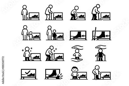 Silhouette near small set icon vector rack calm prevention care elder safety