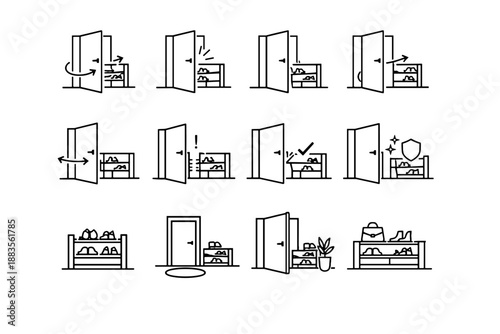 Opening collision door icon logic entry avoidance setup entryway rack collection vector