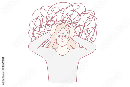 Chaos and mess in mind concept. Frustrated young stressed girl standing touching head having messy thoughts and no clearance in mind vector illustration