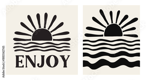 set of naive  art, abstract summer landscape, sea, sun, waves. Paradise vacation in nature, the ocean in a minimalist retro, grunge  style. hand drawn poster, banner, background. for print,  art. png 