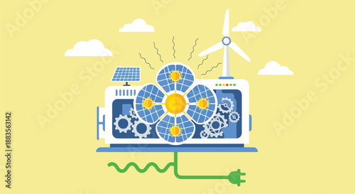 Renewable energy concept: Solar panels and wind turbine powering a battery with gears and a plug
