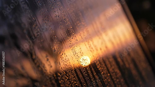 Abstract view of a sunset through a glass surface with water droplets