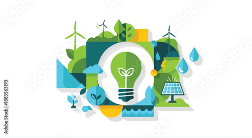 Eco-friendly energy concept with light bulb, solar panel, wind turbines, and green plants