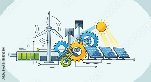 Renewable energy concept with wind turbine, solar panels, gears, and battery, illustrating sustainable power generation.
