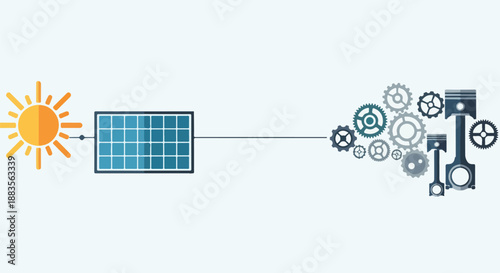 Solar energy powering industrial machinery and gears, symbolizing renewable energy in manufacturing and technology.
