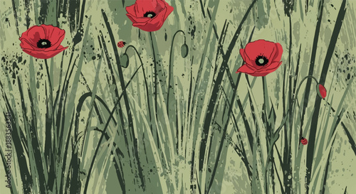 A vertical-oriented impressionistic illustration of vibrant red poppies blooming amidst dense, dark green wild grasses. The artwork features a sage green textured background