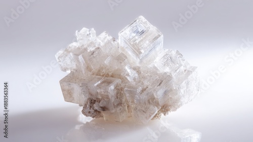 halite rock salt crystal isolated on white background, cubic crystal structure, transparent and matte surfaces, scientific mineralogy accuracy, clean