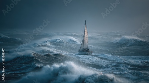 Lone sailboat navigates a winter storm on a churning sea with high waves and dark skies