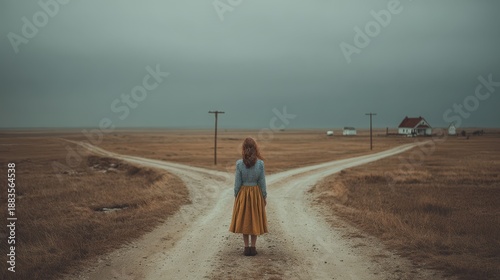 Girl stands at a fork in the road considering her options in a rural setting during an overcast day