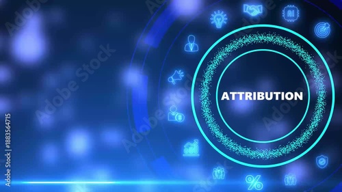 Digital Attribution Concept with Glowing Icons and Data Visualization Elements on a Blue Background