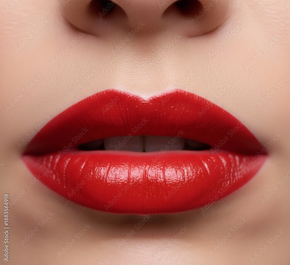 Fototapeta premium Bold Red Lips Close-Up. Close-up of perfect full red lips with glossy shine, flawless skin and subtle Cupid’s bow under soft light.