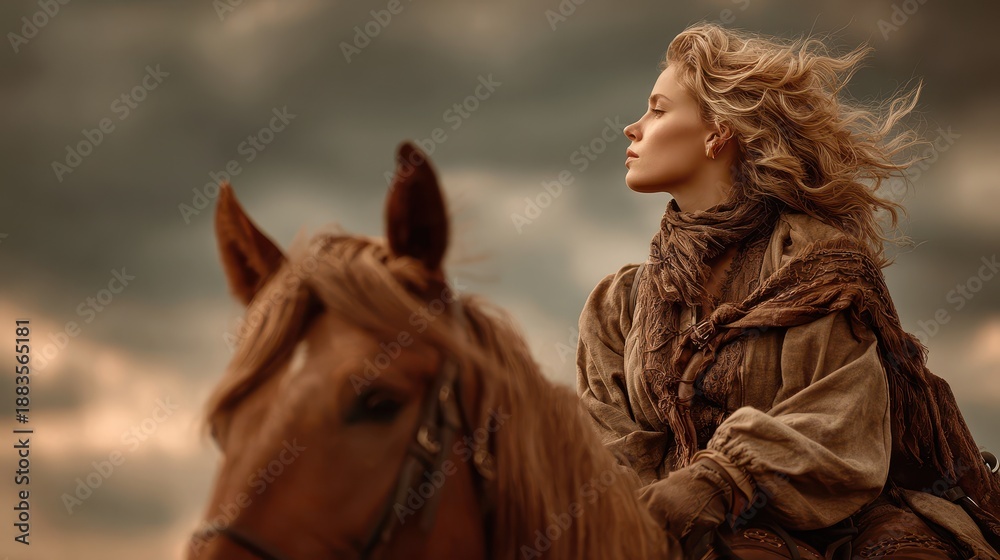 Obraz premium Blonde woman rides horse against cloudy sky in open field during early evening light