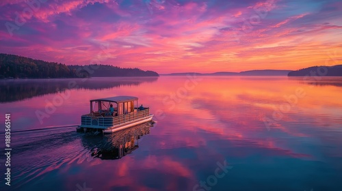 Pontoon boat sails on a lake during a vibrant sunset with colorful skies and reflections in the water