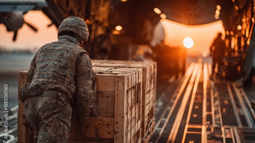 Soldiers loading cargo onto military transport aircraft during sunset at a logistics base