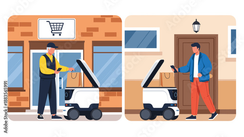 A delivery robot bringing packages to a customer's doorstep, highlighting the convenience and efficiency of modern automated logistics and contactless delivery services.