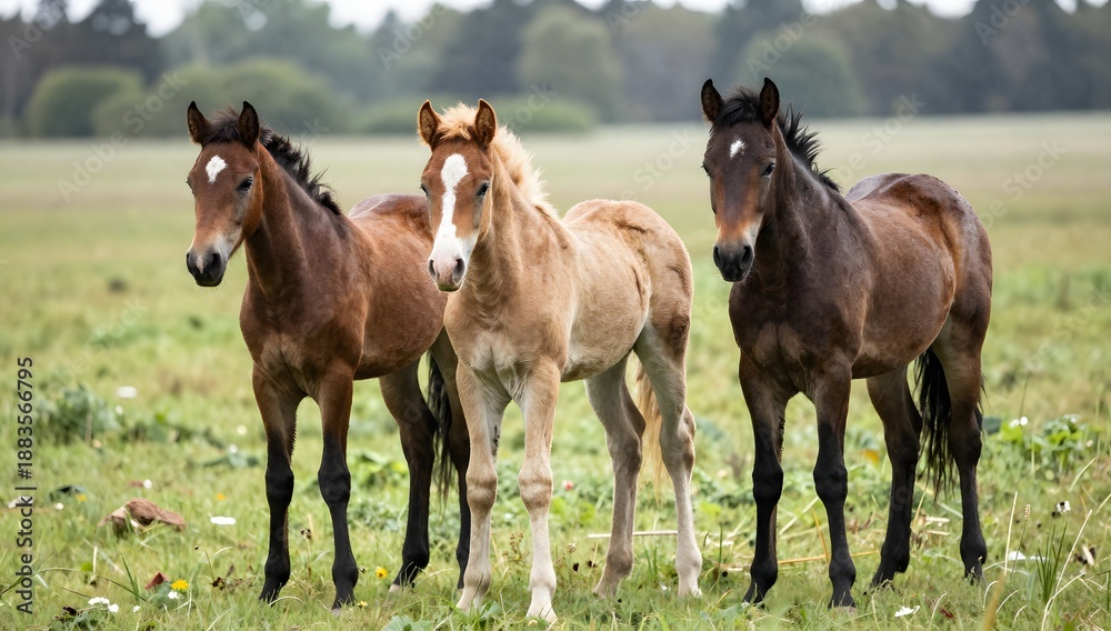 Obraz premium Three young foals standing together in a grassy field on a bright day