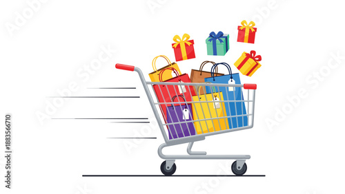 A shopping cart filled with colorful shopping bags and gift boxes, moving quickly, symbolizing impulse buying, successful shopping, and fast delivery.
