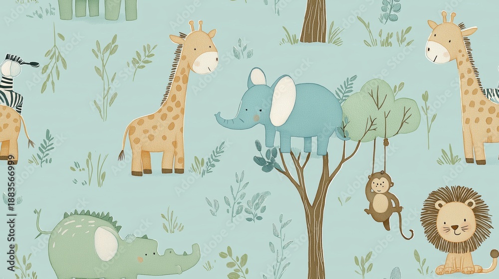 Fototapeta premium Cute cartoon jungle animals seamless pattern. Safari animals pattern with giraffes, elephants, and lions on a light blue background