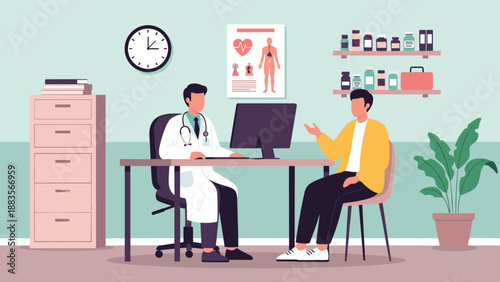 A doctor in a white coat consulting with a patient at a desk with a computer and medical chart in an office, emphasizing healthcare, diagnosis, and patient care.