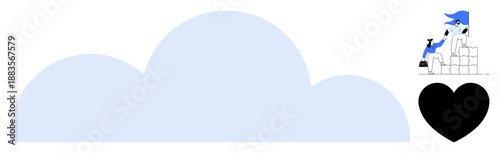 Collaboration, goal achievement, cloud storage, teamwork, support, love. Two characters cooperate to climb blocks near a large cloud and heart symbol. Collaboration and goal achievement concept